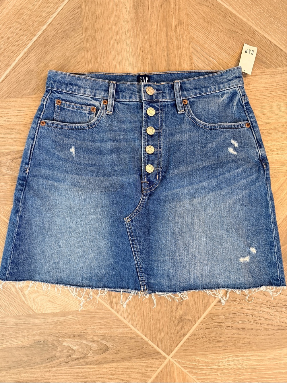 GAP Distressed Blue Denim Button Mini Skirt